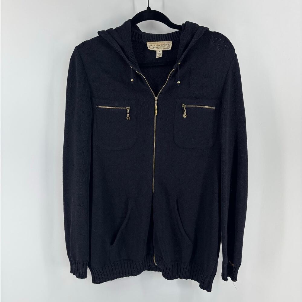 St. John Black Knit Wool Cardigan Zipper Hoodie Gold Hardware Small Quiet Luxury